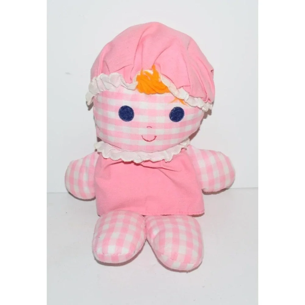 Vtg Fisher Price 1975 Lolly Rattle Doll Pink Checkered Gingham 12